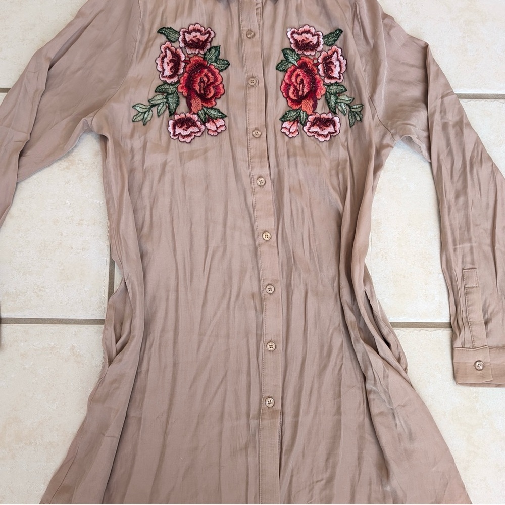 Size M I Joah Tan Embroidered Floral Rose Collared Shirt Dress Bohemian Western - Picture 15 of 16